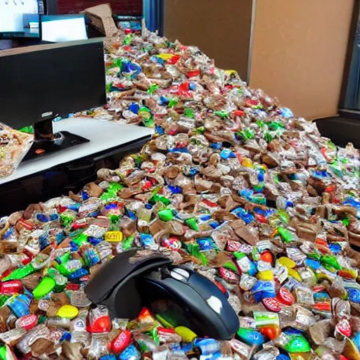 Image similar to a computer desk with screen mouse and keyboard covered and piled with discarded food and crushed soda cans and used chocolate wrappers