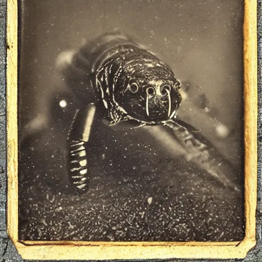 Image similar to tintype photo, swimming deep underwater, centipede