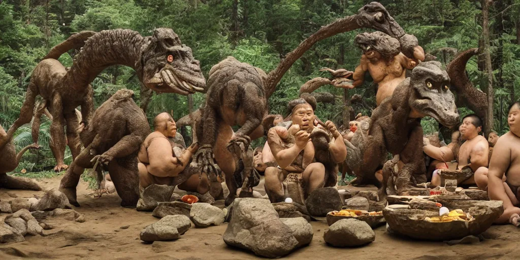 Image similar to photo, neanderthal people, sumo japanese, eating inside mcdonalds, surrounded by dinosaurs!, gigantic forest trees, sitting on rocks, bright moon