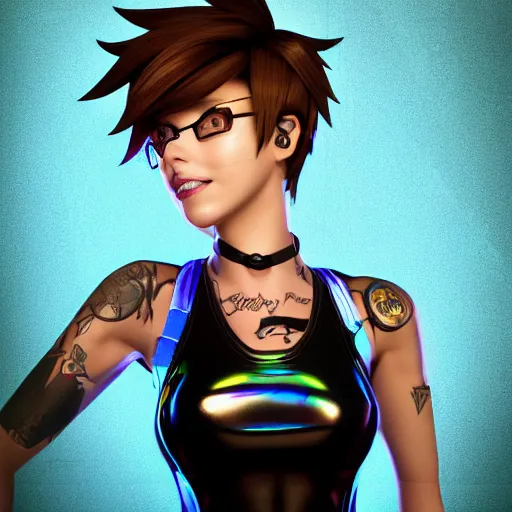 Image similar to portrait bust digital artwork of tracer overwatch, wearing black iridescent rainbow latex tank top, 4 k, expressive happy smug expression, makeup, in style of mark arian, angel wings, wearing detailed black leather collar, chains, black leather harness, detailed face and eyes,