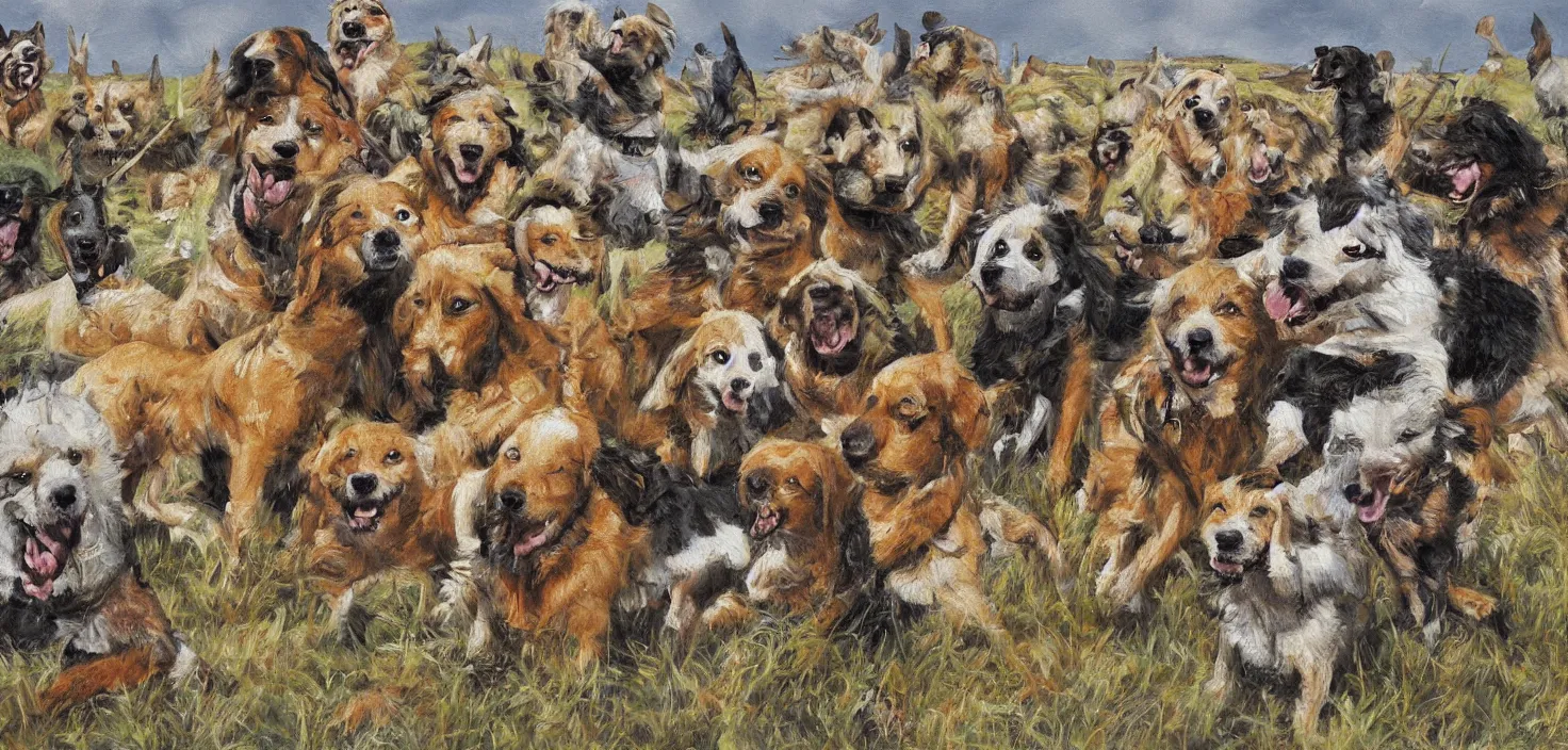 Prompt: cheerful painting of dogs at war, multiple points of focus, detailed painting by ralph goings, soft edges, tilt shift