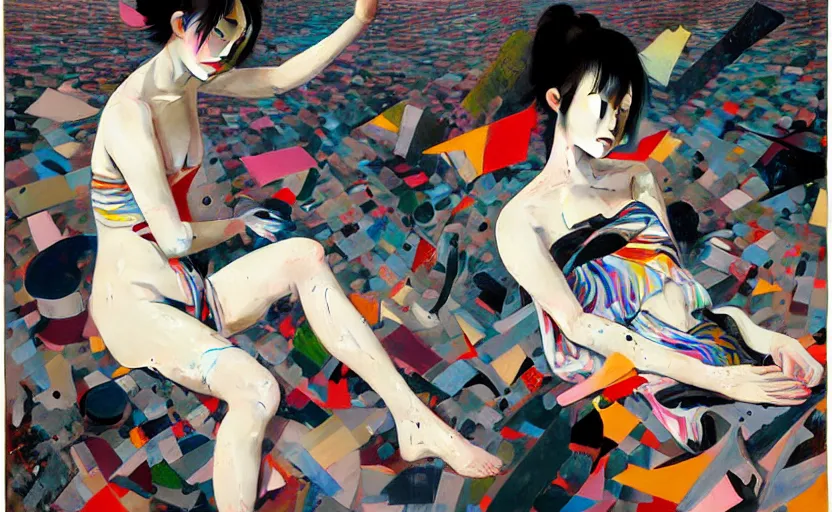 Image similar to decollage painting young japanese actress struggling in a ruined city by adrian ghenie and takato yamamoto and edward hopper and mark ryden and tsutomu nihei, part by bridget riley, acrylic pour and splashing paint, very coherent, baroque elements, perfect anatomy, intricate design. pop art.