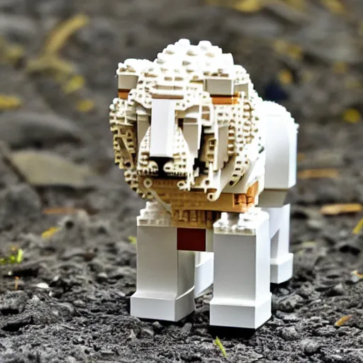 Image similar to a lego character of a anthro albino lion wearing a causal clothes