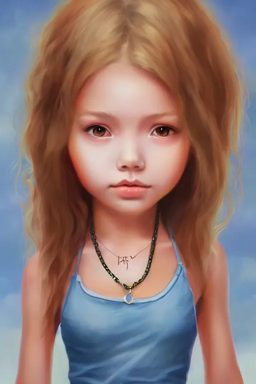 Image similar to matte sharp painting cute little girl hippy denim bellbottom bead necklace, painted by artgerm, artstation behance storybook l