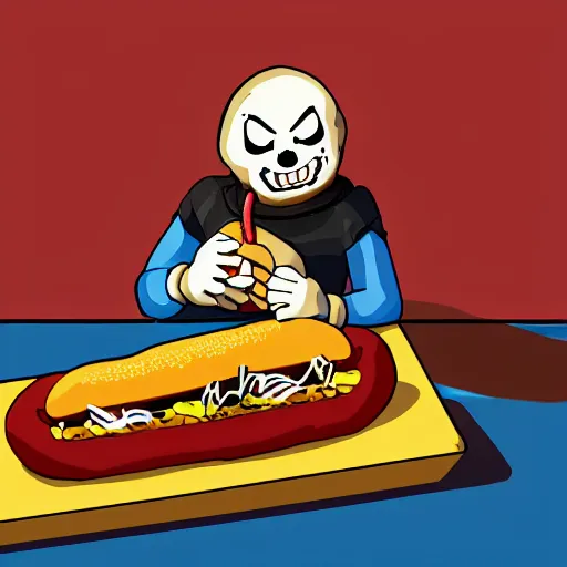 Prompt: Sans Undertale Eating A Hotdog, digital art, 4K