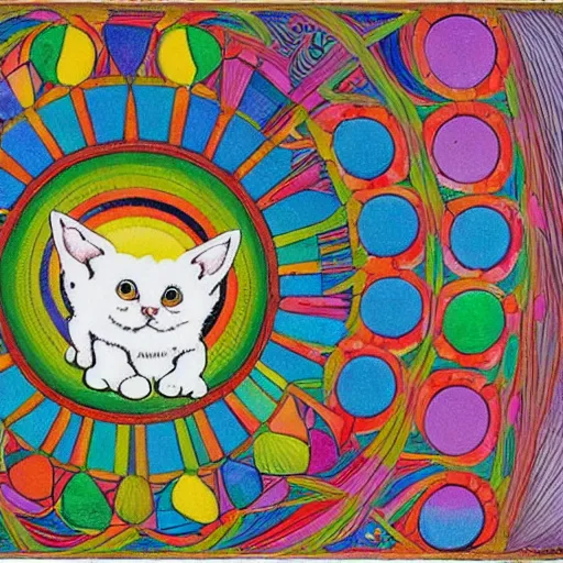 Image similar to a prism magically fractures a white kitten into every color of the rainbow, Louis William Wain,