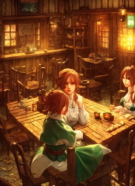 Prompt: portrait of the emerald herald sitting in a cozy tavern, hidari, color page, tankoban, 4K, tone mapping, Akihiko Yoshida.