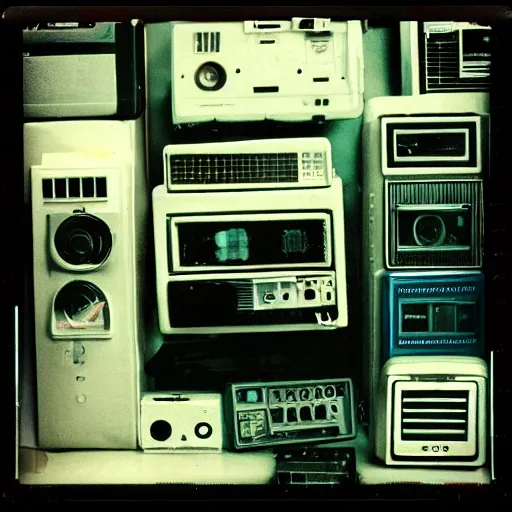 Prompt: “cyberpunk electronics department in 1980. Polaroid”