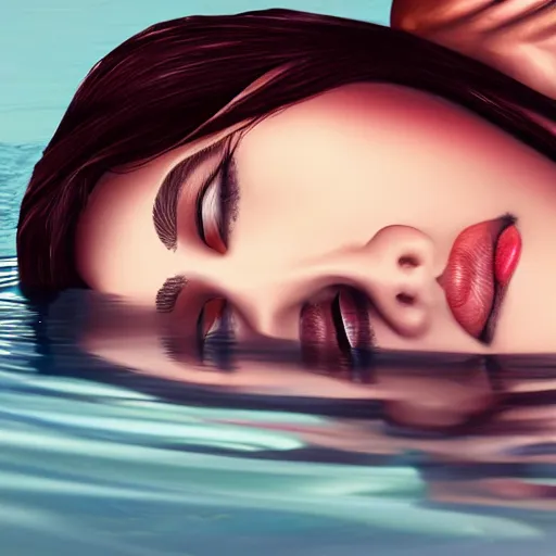 Image similar to eye - level view of a beautiful woman, laying on the ground, hands peacefully resting under her chin, water reflection!!!!!, water mirrored water, reflection echo, 4 k, detailed facial features!!!!!, artstation photorealism, photorealism