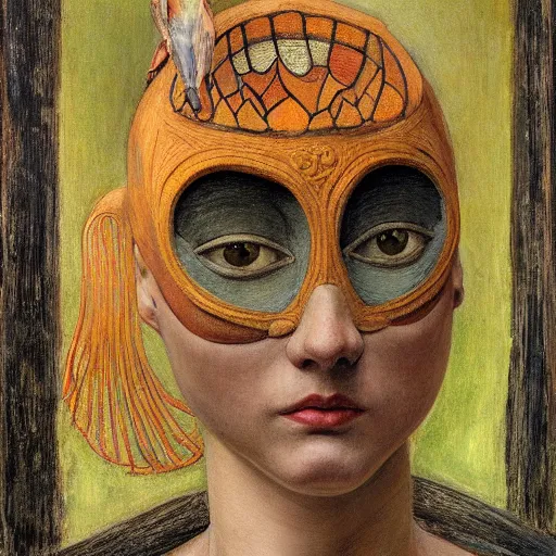 Prompt: the factory queen in her bird mask, by annie swynnerton and diego rivera and lucien freud and jean delville, symbolist, dramatic lighting, elaborate geometric ornament, head and shoulders view, art brut, soft pastel colors, smooth, sharp focus, extremely detailed, adolf wolfli, leo and diane dillon, nicholas roerich
