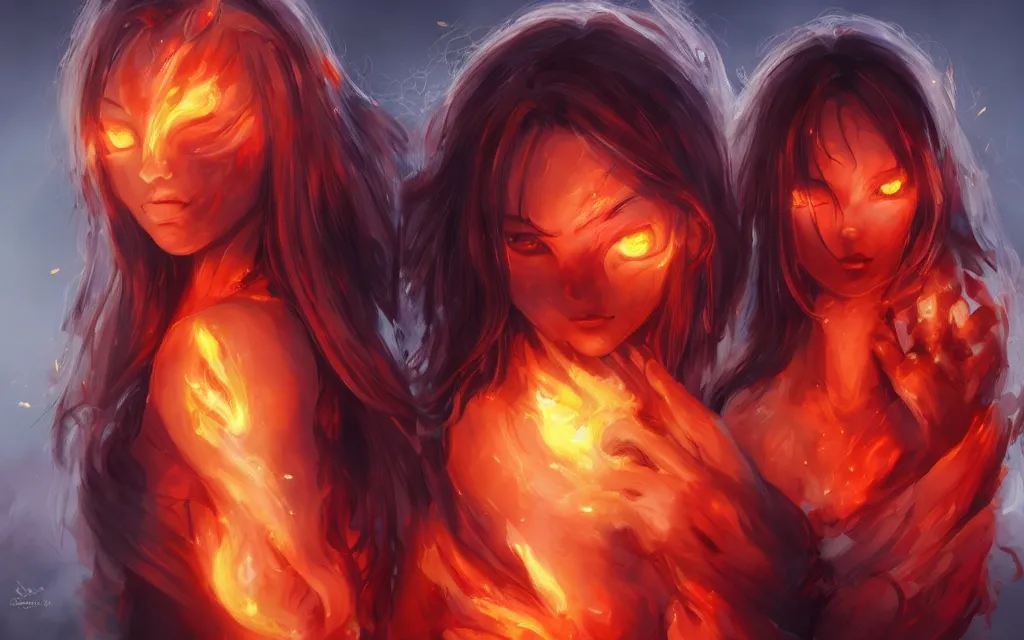 Image similar to A realistic anime portrait of a beautiful fire spirit twins with glowing red eyes and firey skin wearing clothes made of flames, digital painting, by Stanley Artgerm Lau, Sakimichan, WLOP and Rossdraws, digtial painting, trending on ArtStation, SFW version