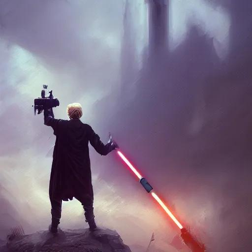 Image similar to Donald Trump as a jedi hero, capitol hill, post-apocalyptic, cinematic, atmospheric, highly detailed, artstation, wlop, stålenhag, Emanuel Leutze