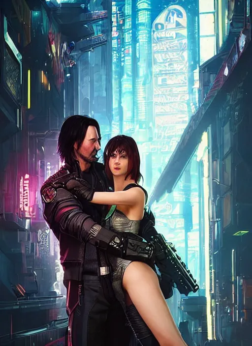 Image similar to a cyberpunk 2077 couple portrait of a Keanu Reeves as johnny silverhand and a female android in final kiss,love,fantasy, intricate, elegant,film lighting,art by John Collier and Albert Aublet and Krenz Cushart and Artem Demura,artstation,deviantart,FAN ART,full of color,Digital painting,face enhance,highly detailed,8K,octane,golden ratio,cinematic lighting