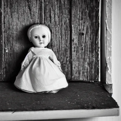 Prompt: a porcelain doll, left on a shelf in an abandoned house. the doll's eyes are looking in slightly different directions. the house is in disrepair and weeds and moss are starting to grow. black and white photo. surrealism.