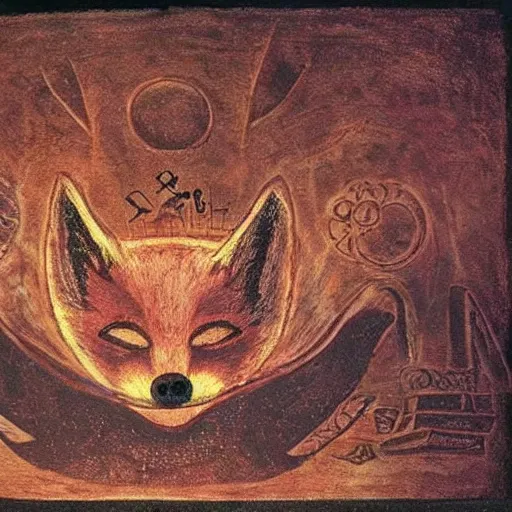 Image similar to Vulpine God of Trickery; An enormous fox with ancient glowing runes on its body and wearing a mask of wood resembling a fox's face