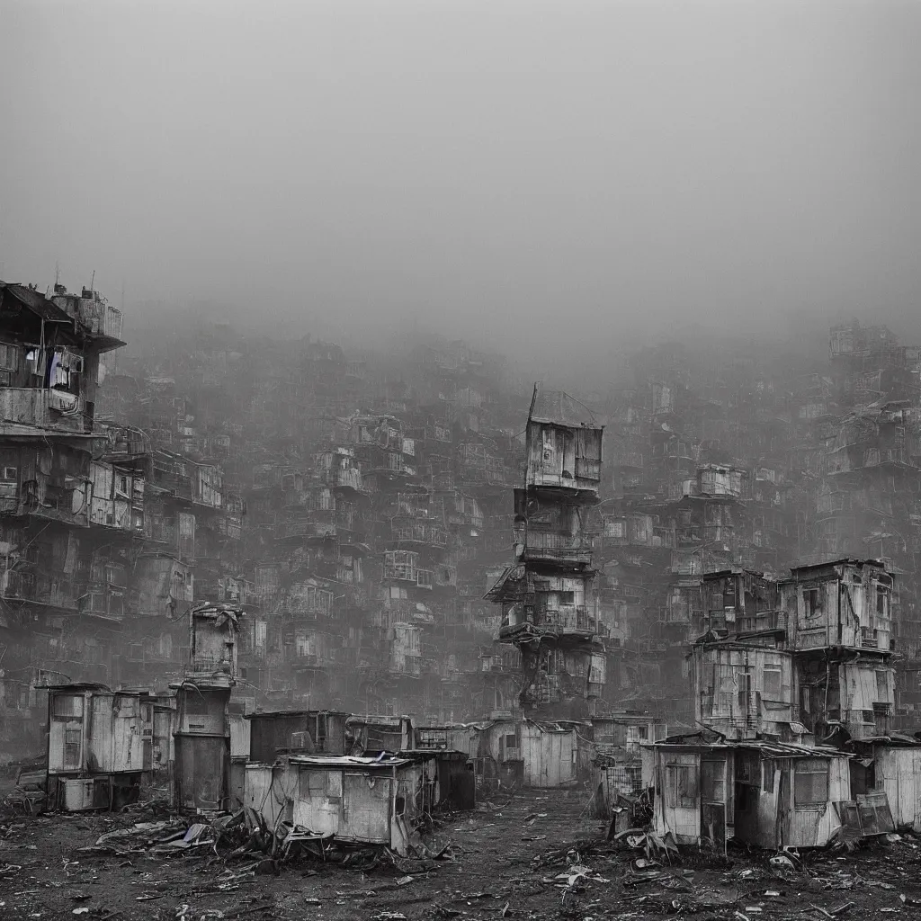 Image similar to two towers, made up of makeshift squatter shacks with faded colours, misty, moody sky at the back, dystopia, mamiya, f 1 1, fully frontal view, photographed by trent parke