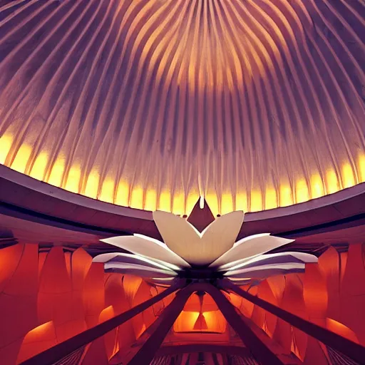 Prompt: looking up in the interior of a futuristic lotus temple with gold, red and white marble panels, in the desert, by buckminster fuller and syd mead, intricate contemporary architecture, photo journalism, photography, cinematic, national geographic photoshoot