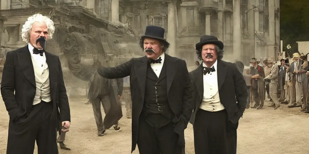 Image similar to Keanu Reeves and Tom Hardy as Mark Twain and Winston Churchill in 'T-Waain vs. C-hill: The Rap Battle of the century' (2017), movie still frame