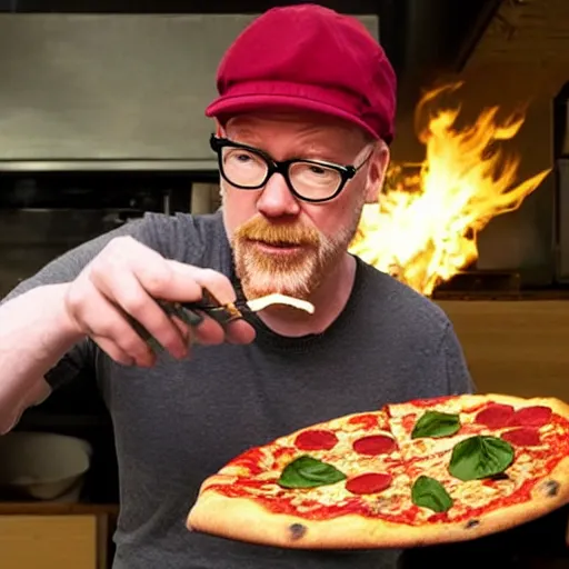 Image similar to adam savage attempting to play a pizza like a piccolo, photo realistic, extreme detail