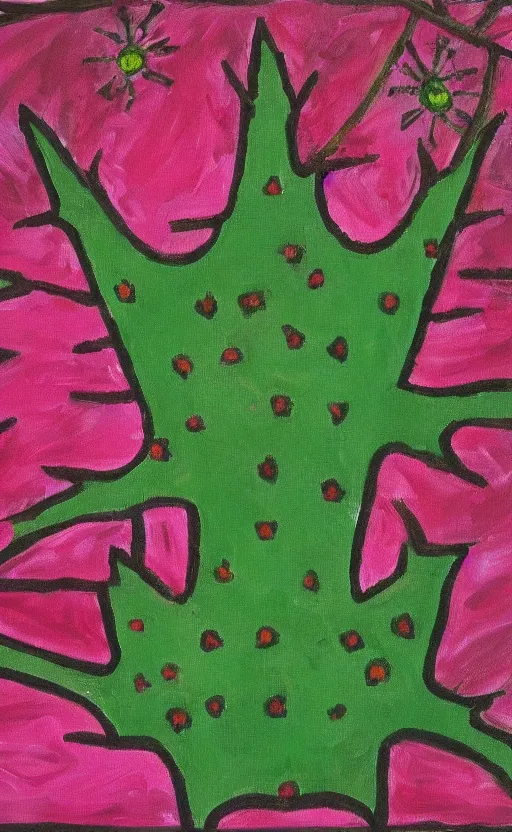 Image similar to painting of green thorn crown with pink little flowers