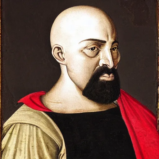 Prompt: medieval nobleman, bald with a black beard and a serious look on his face.