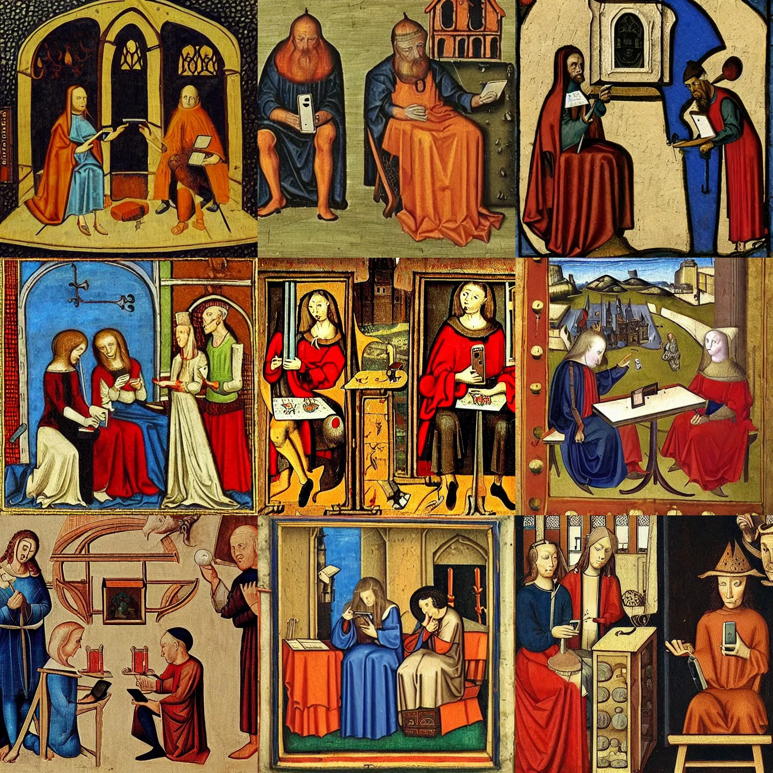 Prompt: surrealist medieval art depicting aristocrats checking their smartphones