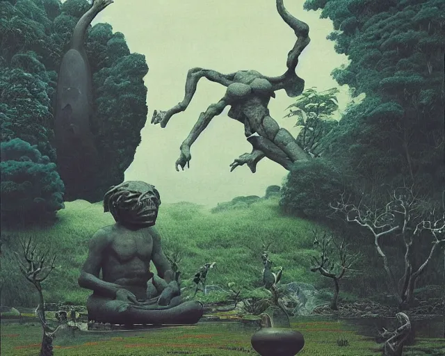 Prompt: strange weird pagan japanese garden with a big ancient god statue bent over above the garden by beksinski bosch sky by damien hirst, very cohesive and vibrant, serenity, hyperminimalist, 8 k, surreal oil painting, highly detailed, dream like, masterpiece