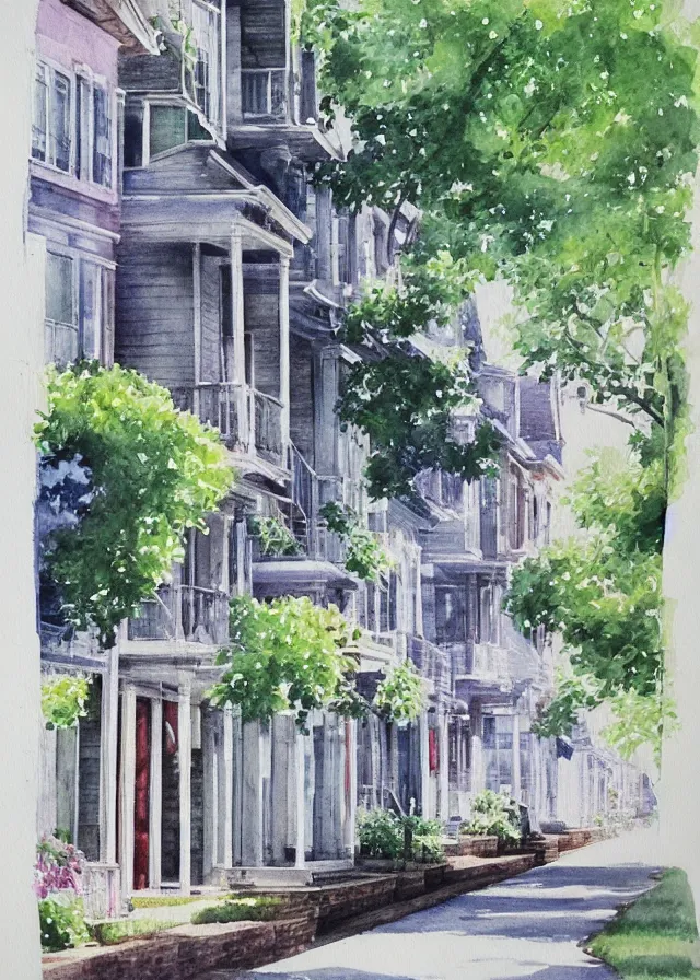 Image similar to street lined with old residential houses summer watercolor by arti chauhan trending on artstation