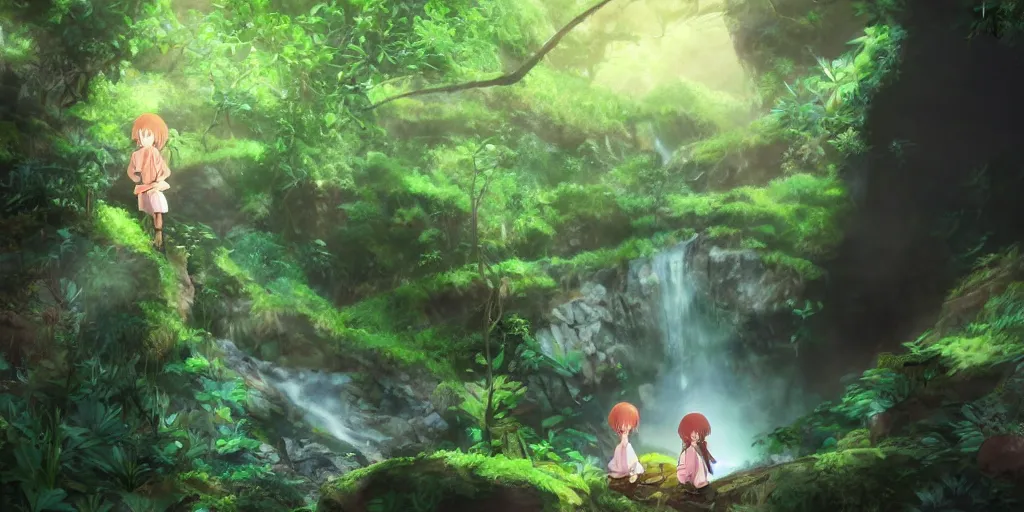 Prompt: anime girl looking into large cave entrance in a lush forest with waterfalls, fireflies, desaturated, beautiful ambiance, studio ghibli style, by hayao miyazaki, sharp focus, highly detailed, 4k