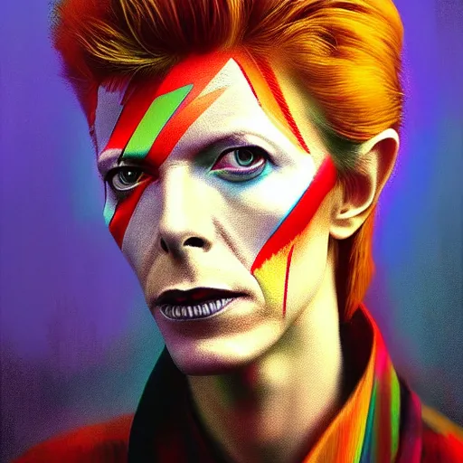 Prompt: beautiful portrait of David Bowie by Renato Muccillo, colorful and vivid lights, highly detailed, digital painting, artstation, concept art, smooth, sharp focus