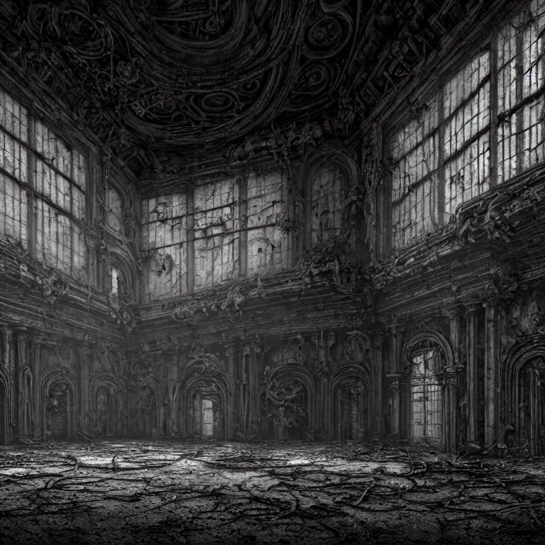 Image similar to portrait of ribbed abandoned biomechanical interior halls in a desolate empty wasteland, creepy, nightmare, dream-like heavy atmosphere, surreal abandoned buildings, baroque painting, beautiful detailed intricate insanely detailed octane render trending on Artstation, 8K artistic photography, photorealistic, chiaroscuro, cinematic volumetric light, Raphael, Caravaggio, Beksinski, Giger