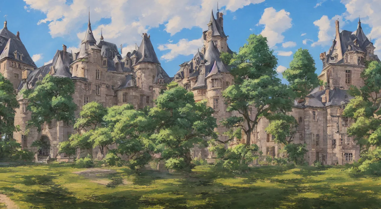 Image similar to a landscape painting of a French castle, with a garden, in the style of anime, trending on artstation