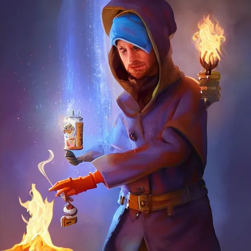 Prompt: Jesse Pinkman as a Junior Alchemist of the Blue Flame, Fantasy Illustration by Tony Sart, Trending on artstation