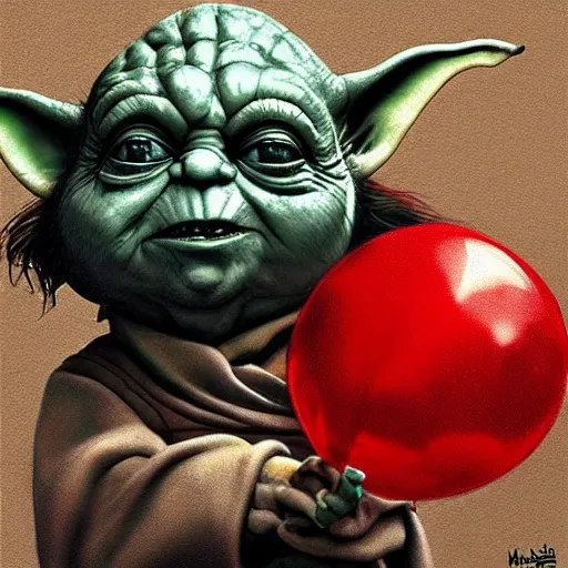 Image similar to surrealism grunge cartoon portrait sketch of yoda with a wide smile and a red balloon by - michael karcz, loony toons style, chucky style, horror theme, detailed, elegant, intricate