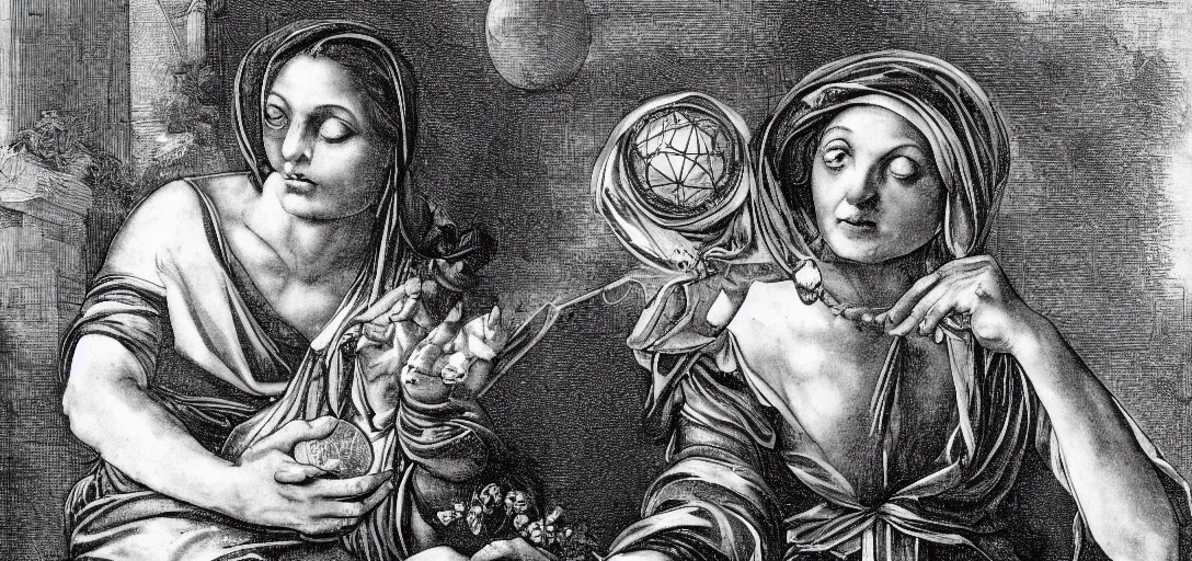 Prompt: a renaissance gypsy fortune teller gazing into a crystal ball in the style of Michelangelo,