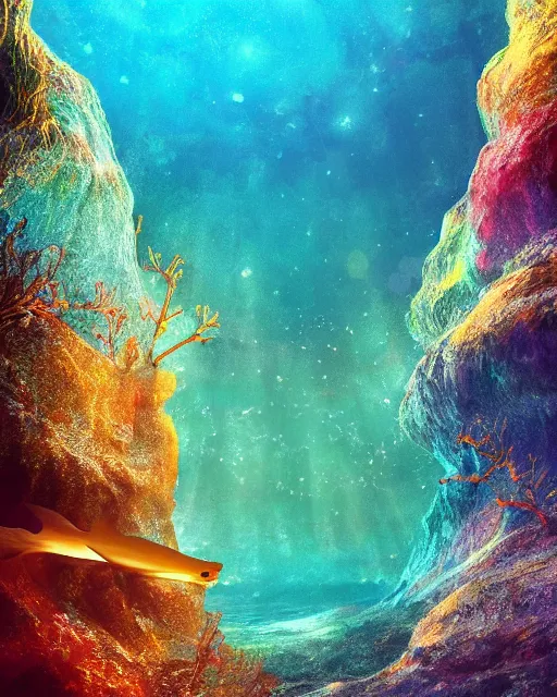 Image similar to the most beautiful star system inside of a crystal clear underwater cave,, coherent design, symmetrical, concept art, vivid color, complementary color, golden ratio, detailed, sharp lines, intricate, rainbowshift, by sahm, octane render