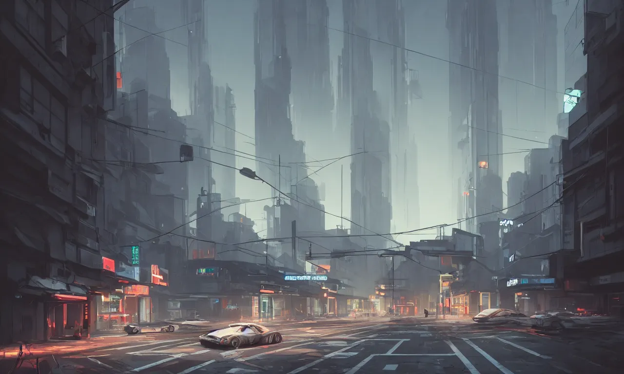 Image similar to photorealistic streetscape, simple brutalist architecture, white neon lights, neon signs, flying vehicles, pedestrians, greg rutkowski, syd mead, ralph mcquarrie, concept art, matte painting, finely detailed, minimal artifacts, rule of thirds, dynamic lighting, cinematic, denoised, centered, artstation