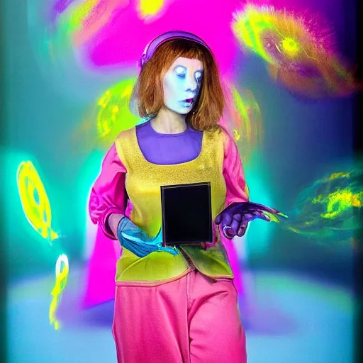 Image similar to A painting. A rip in spacetime. Did this device in her hand open a portal to another dimension or reality?! deep yellow by Rachel Maclean, by Carl Holsoe Sigma 85mm f/1.4