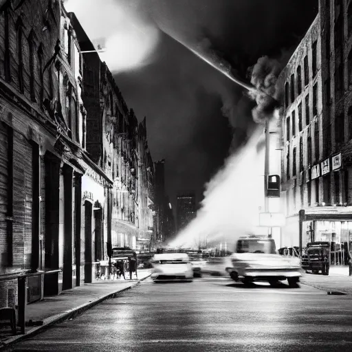 Image similar to a high resolution photo of a new york street at night with an old church on fire surrounded with smoke and cars with bright headlights by robert capa, realistic photo, leica, cinematic lighting, magnum award winning photograph, parallax photography,-W 1024