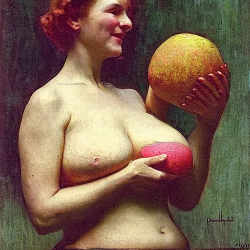 Prompt: A woman holding two melons to her chest, modest, 1950s, americana, award-winning, suburban, by Ilya Repin