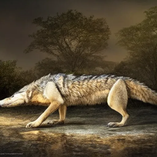 Prompt: a wolf crocodile!!! hybrid! hyper realistic!! realistic lighting!! bold natural colors, masterpiece, ( trending on artstation ) photograph! national geographic, wildlife photographer of the year