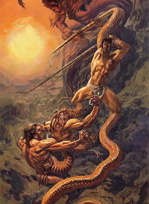 Prompt: a highly detailed symmetrical painting of conan fighting a mythical snake creature, dynamic lighting, ambient lighting, art by frank frazetta and glenn fabry and argerm, hires, 4 k