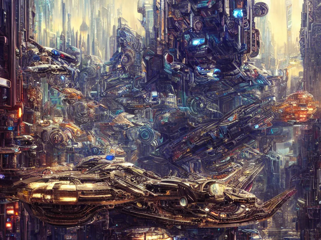 Prompt: hyperrealistic painting of a slice of life from a futuristic city, mechanical designs, futuristic vehicles, technological, elegant, meticulous, cinematic, cyberpunk style, highly detailed, realism, intricate, acrylic on canvas, 8 k resolution, concept art, by noriyoshi ohrai, gustave moreau