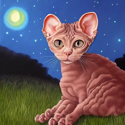 Image similar to painting of a devon rex, cornish rex cat glowing in the moonlight looking curious