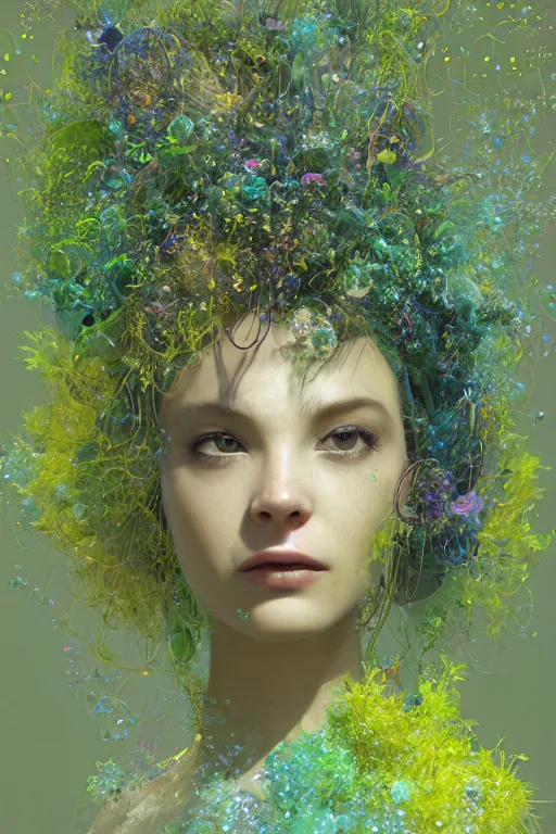 Prompt: transcending yesterday's self, vine headdress, moss patches, 2 0 mm, with pastel yellow and green bubbles bursting, voronoi, melting into lilligant, delicate, beautiful, intricate, houdini sidefx, by jeremy mann and ilya kuvshinov, jamie hewlett and ayami kojima, bold 3 d