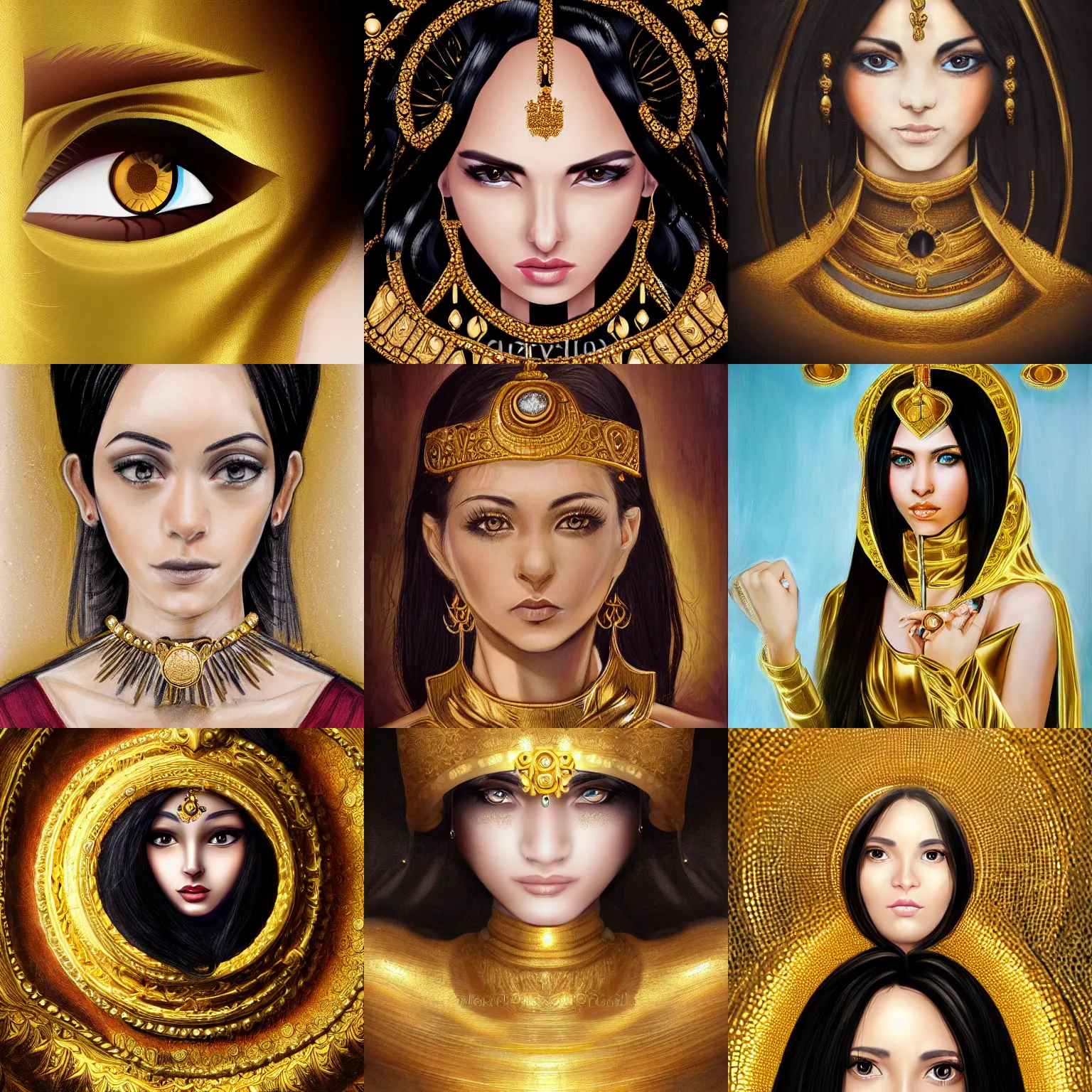 Prompt: realistic detailed portrait of a female cleric, black hair, golden eyeball, golden jewellery, soft features, elegant