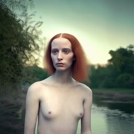 Image similar to photographic portrait of a stunningly beautiful english renaissance female in soft dreamy light at sunset, beside the river, soft focus, contemporary fashion shoot, in a denis villeneuve and tim burton movie, by edward robert hughes, annie leibovitz and steve mccurry, david lazar, jimmy nelsson, extremely detailed, breathtaking, hyperrealistic, perfect face, octane render