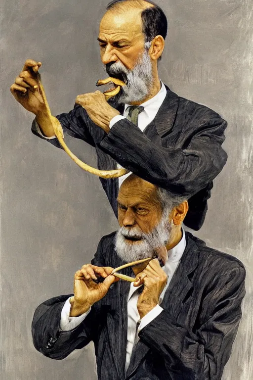 Image similar to portrait of sigmund freud eating one banana, twirling a hula hoop, by frank mccarthy, by lucian freud