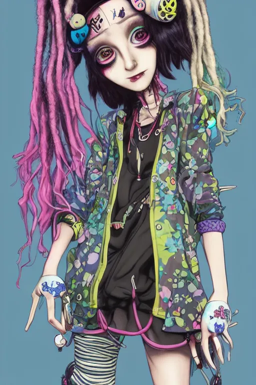 Prompt: kawaii pastel goth with dreads and eccentric clothing by jamie hewlett and artgerm, cel shading, toon shading, detailed,