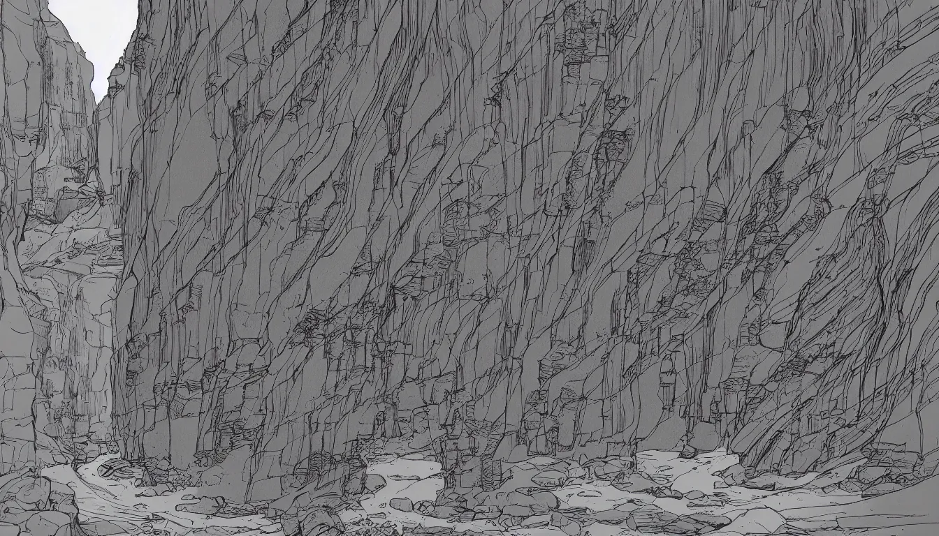 Image similar to backpacking through slot canyons, minimalist line art by moebius, clean long lines, ultra detailed